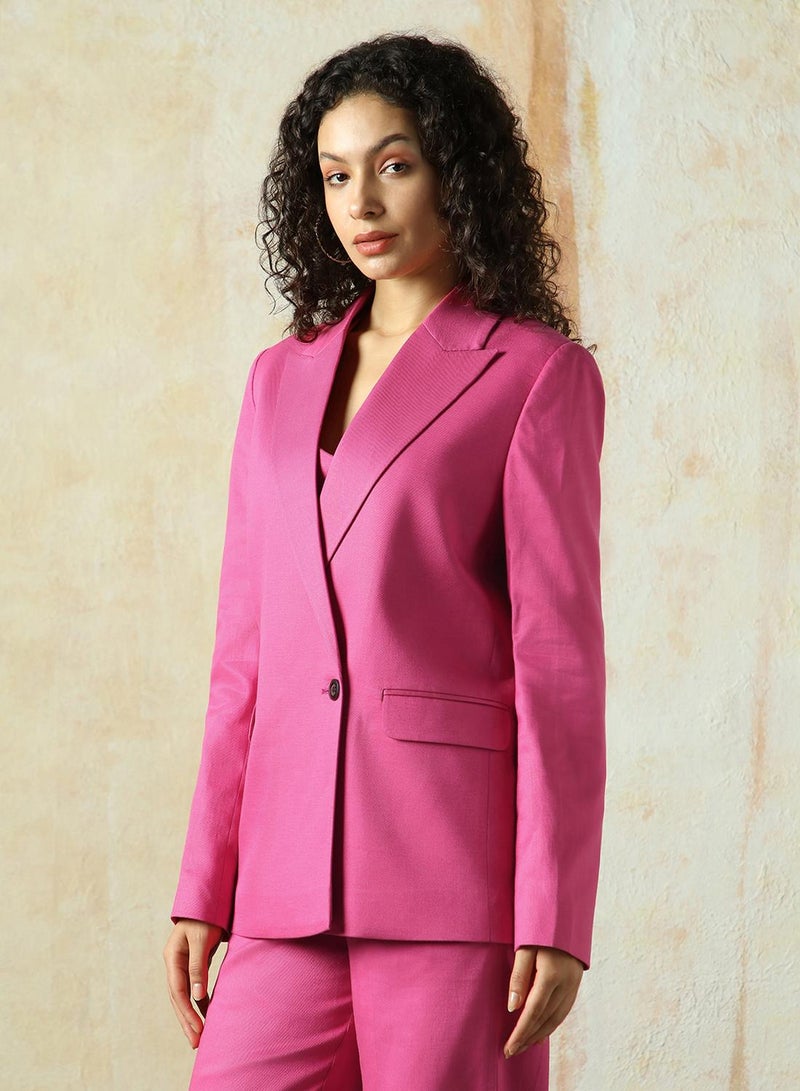 HIGH STAR Women's Magenta Cotton Blend Solid Oversized Blazer  - Image 2