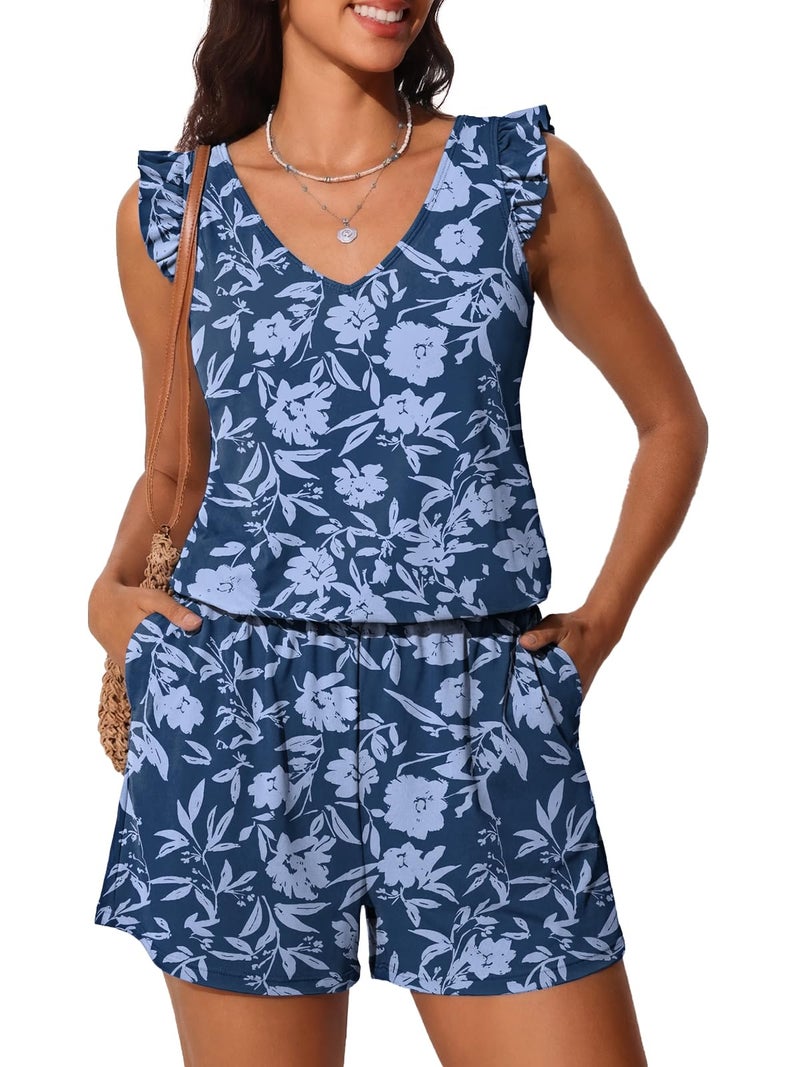 Summer Mae Ruffle Swim Romper One Piece Swimsuit Women Modest High-Back Bathing Suit with Pockets 2026 Swimwear Blue Branches Flowers 10 - Image 1