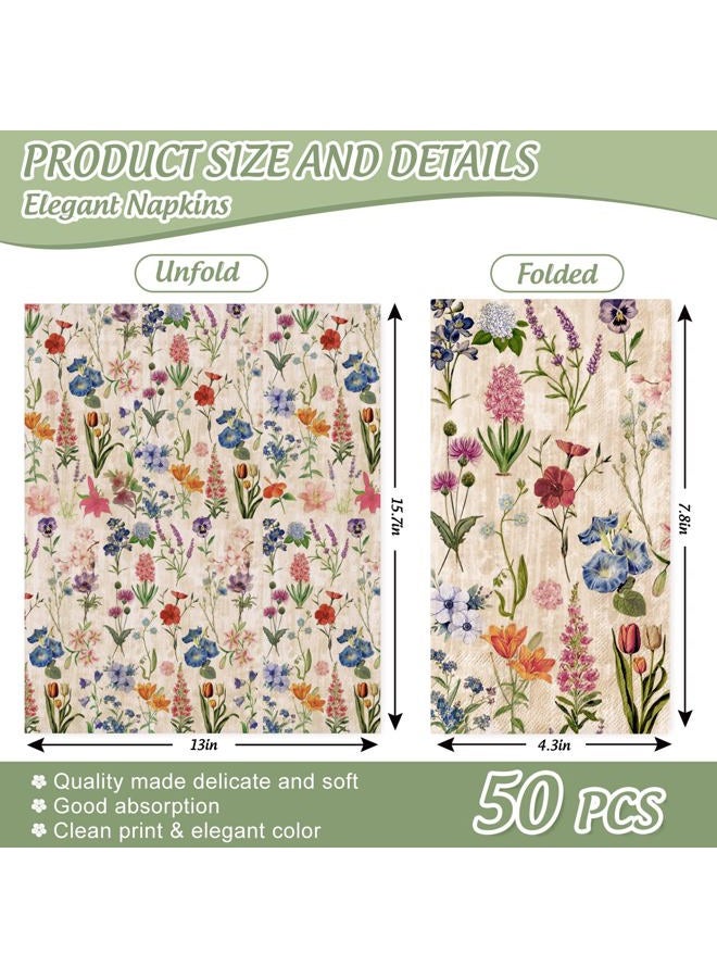 FYSUIMU 50 Pcs Retro Floral Guest Napkins Vintage Wildflower Disposable Napkins Colorful Flower Dinner Hand Paper Napkins for Bathroom Spring Fall Wedding Party Table Supplies - Image 2