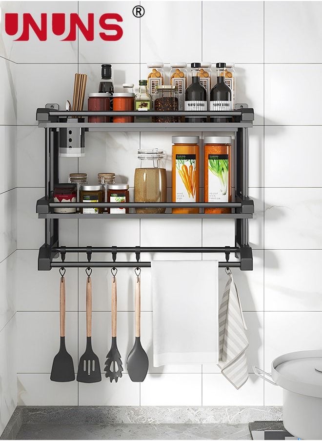 UNUNS Bathroom Rack With Towel,2 Tier Bathroom Wall Shelf Shower Storage Rack With Hooks,Storage Organizer Shelf For Bathroom Kitchen  - Image 2