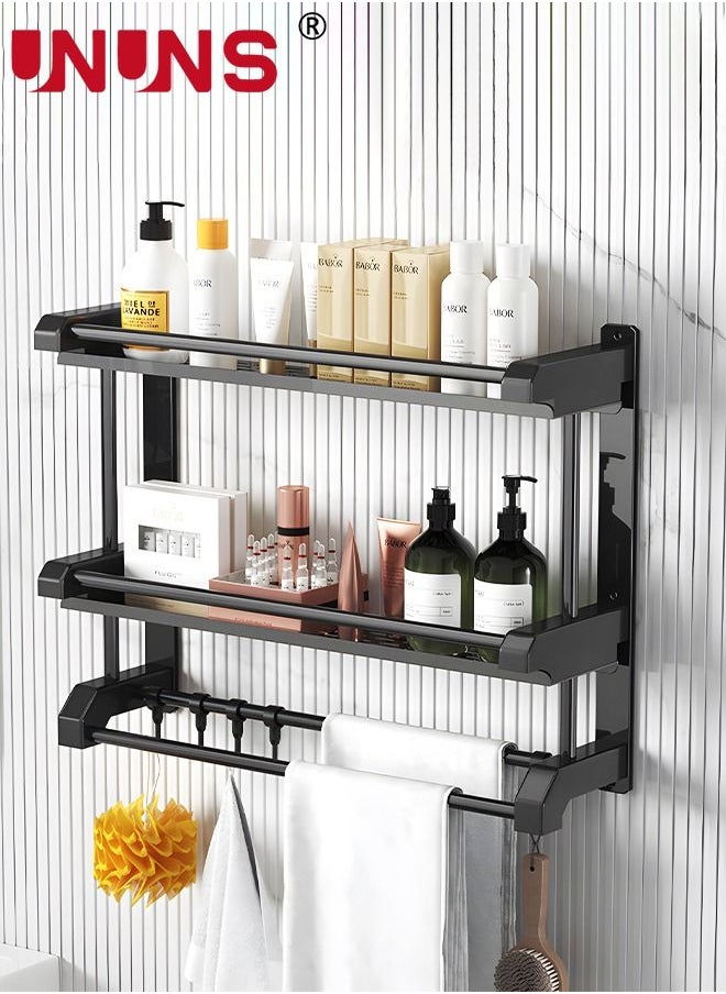 UNUNS Bathroom Rack With Towel,2 Tier Bathroom Wall Shelf Shower Storage Rack With Hooks,Storage Organizer Shelf For Bathroom Kitchen  - Image 1