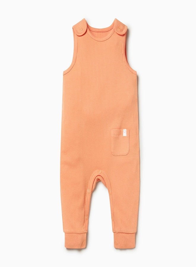 MORI Baby Boys and Girls Ribbed Overalls in Orange - Unisex Infant Sleeveless Dungarees with Elasticated Cuffs and Shoulder Poppers - 0-3 Months - Image 1