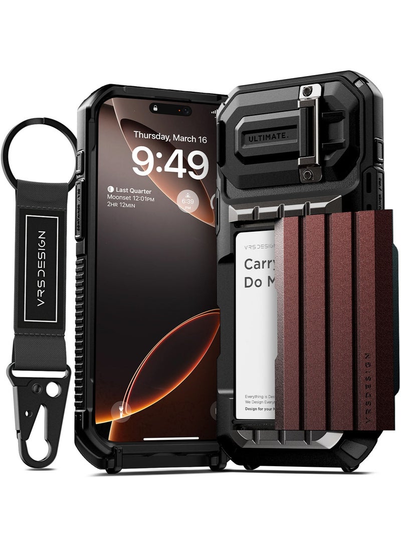 VRS Design غطاء محفظة VRS Design Damda Glide Ultimate لجهاز iPhone 16 Pro MAX [نصف تلقائي] منزلق لحامل بطاقة الائتمان [4 بطاقات] و واقي عدسة الكاميرا مع قاعدة [حزام مرفق] - أحمر معدني - Image 1