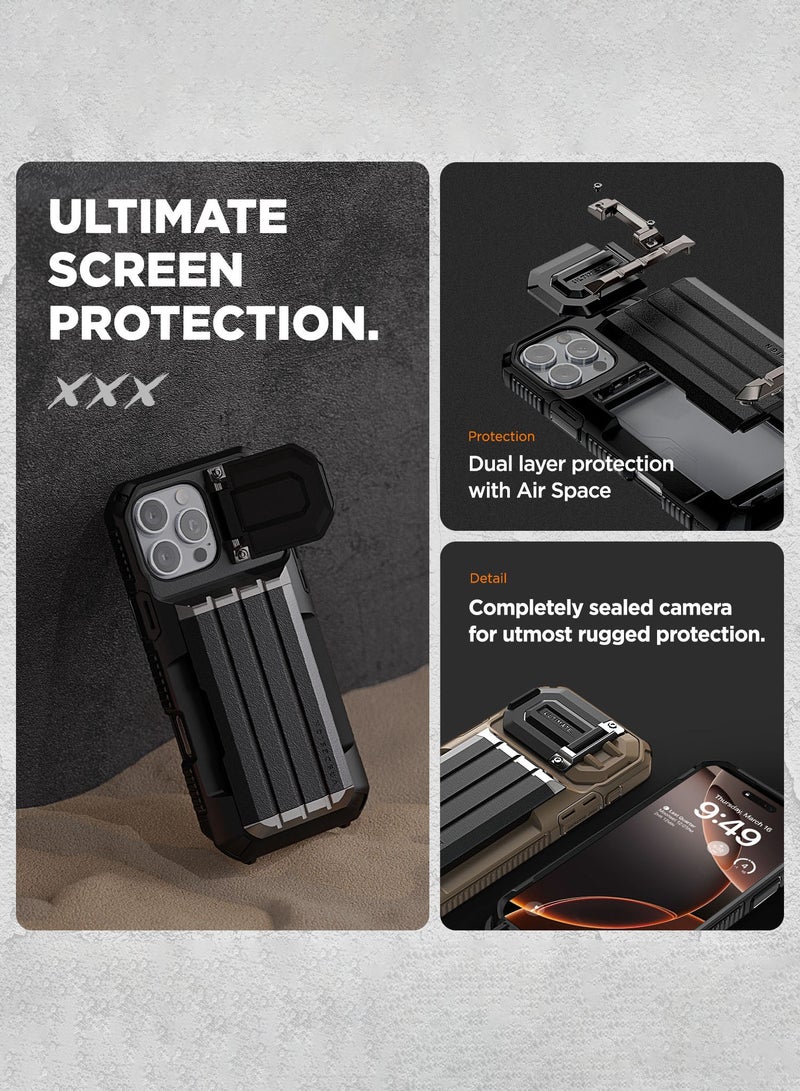 VRS Design غطاء محفظة VRS Design Damda Glide Ultimate لجهاز iPhone 16 Pro MAX [نصف تلقائي] منزلق لحامل بطاقة الائتمان [4 بطاقات] و واقي عدسة الكاميرا مع قاعدة [حزام مرفق] - أحمر معدني - Image 3