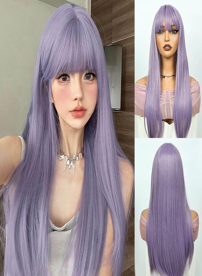 Creamily Long Straight Hair for Women Full Head Natural, Synthetic Full Head Hair Wig for Women,Anime Wig with Bangs for Cosplay Party (Light Purple,22 Inches) - Image 1
