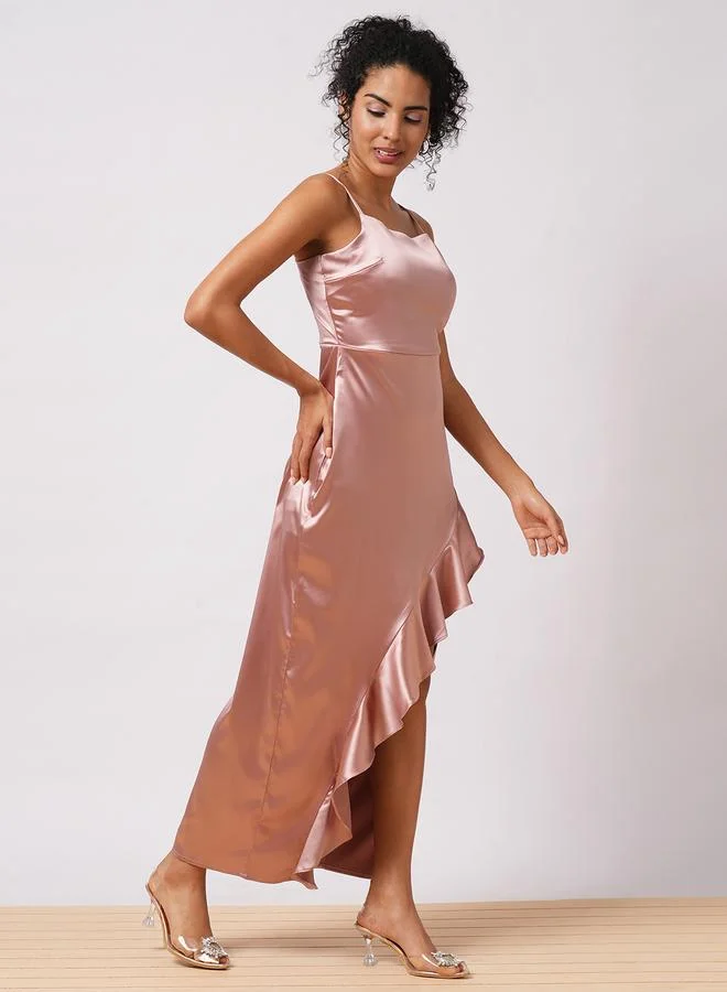 globus Globus Women Pink Solid Satin Asymmetric Hem Sheath Maxi Dress with Ruffle Detail