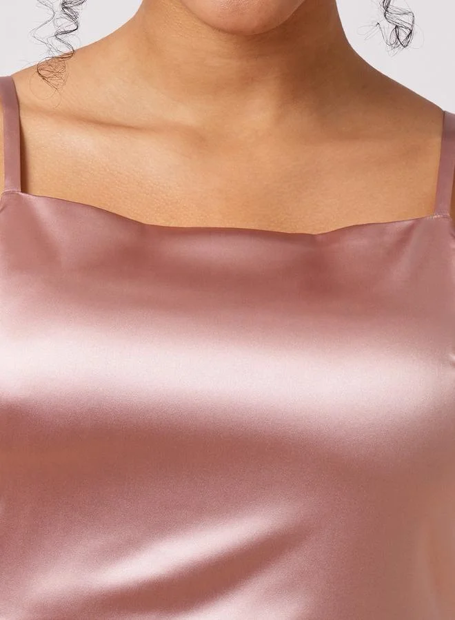 globus Women Pink Solid Satin Asymmetric Hem Sheath Maxi Dress with Ruffle Detail