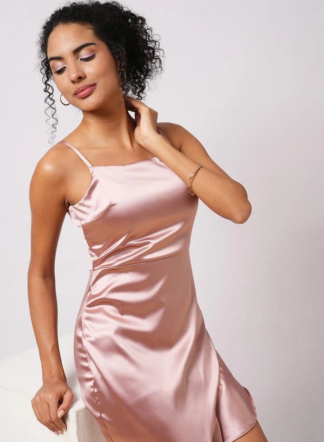 globus Women Pink Solid Satin Asymmetric Hem Sheath Maxi Dress with Ruffle Detail