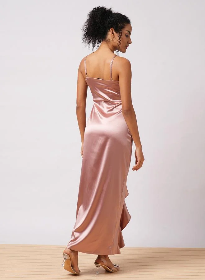 globus Women Pink Solid Satin Asymmetric Hem Sheath Maxi Dress with Ruffle Detail