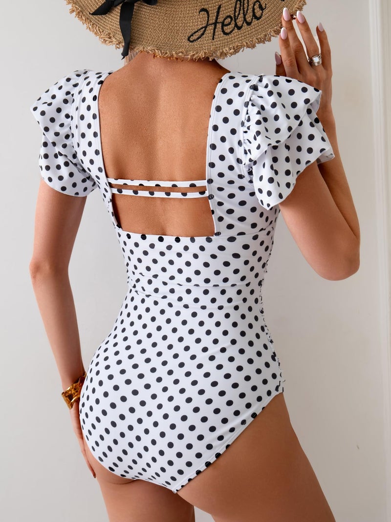 Eomenie Women's Tummy Control One Piece Swimsuit Ruffle Square Neck Bathing Suit Ruched Cutout Back Slimming Swimwear Black Polka Dots - Image 2