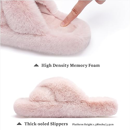Chantomoo Women's Cross Slippers Memory Foam House Bedroom Slippers for Women Fuzzy Plush Comfy Faux Fur Lined Slide Shoes Anti-Skid Sole Trendy Gift Slippers Pink Size7 8 6.5 - Image 2