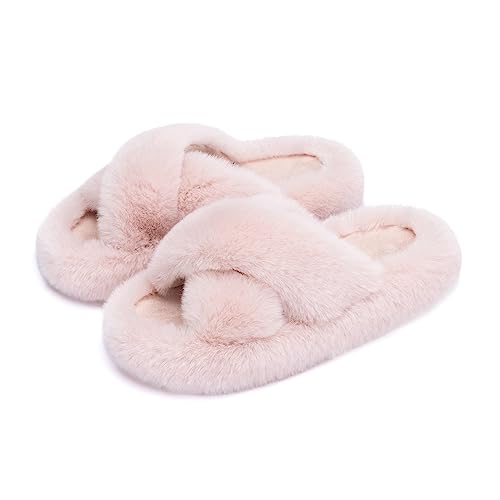 Chantomoo Women's Cross Slippers Memory Foam House Bedroom Slippers for Women Fuzzy Plush Comfy Faux Fur Lined Slide Shoes Anti-Skid Sole Trendy Gift Slippers Pink Size7 8 6.5 - Image 3