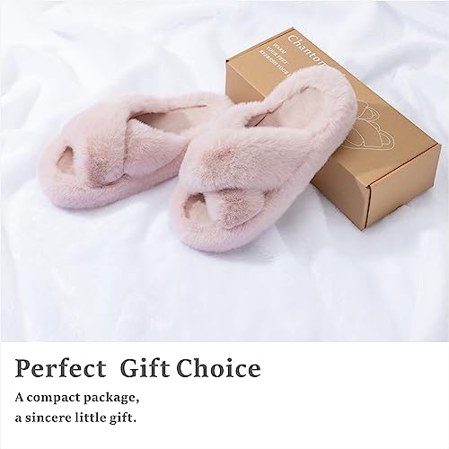 Chantomoo Women's Cross Slippers Memory Foam House Bedroom Slippers for Women Fuzzy Plush Comfy Faux Fur Lined Slide Shoes Anti-Skid Sole Trendy Gift Slippers Pink Size7 8 6.5 - Image 5
