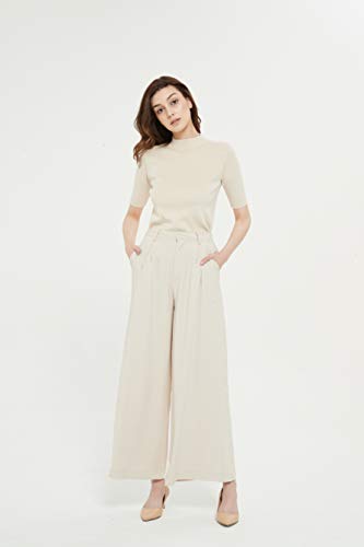 Tronjori Women High Waist Casual Wide Leg Long Palazzo Pants Trousers Regular Size(M, Beige Short) - Image 4