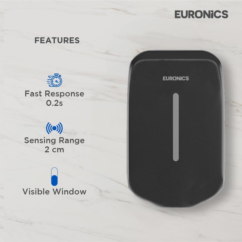 Euronics 1100 ml Black Automatic Liquid Soap Dispenser for Bathroom & Kitchen | Touchless - Sensor Operated | ABS Plastic | Wall Mounted | ES06N B - Image 2