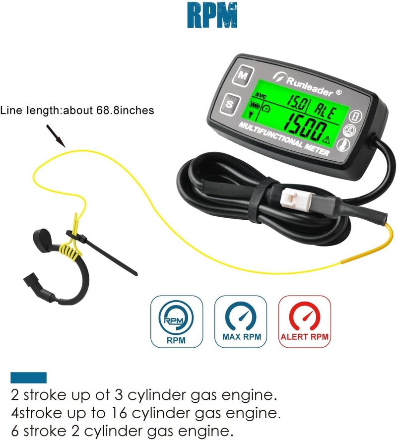 Runleader Digital Tach Hour Meter,Engine Temperature Gauge,Alert RPM & Temp,Backlights Display for Lawn Tractor Compressor Generator Snowmobile Marine Jet Ski Pit Bike (RL-HM035A-M5) - Image 3