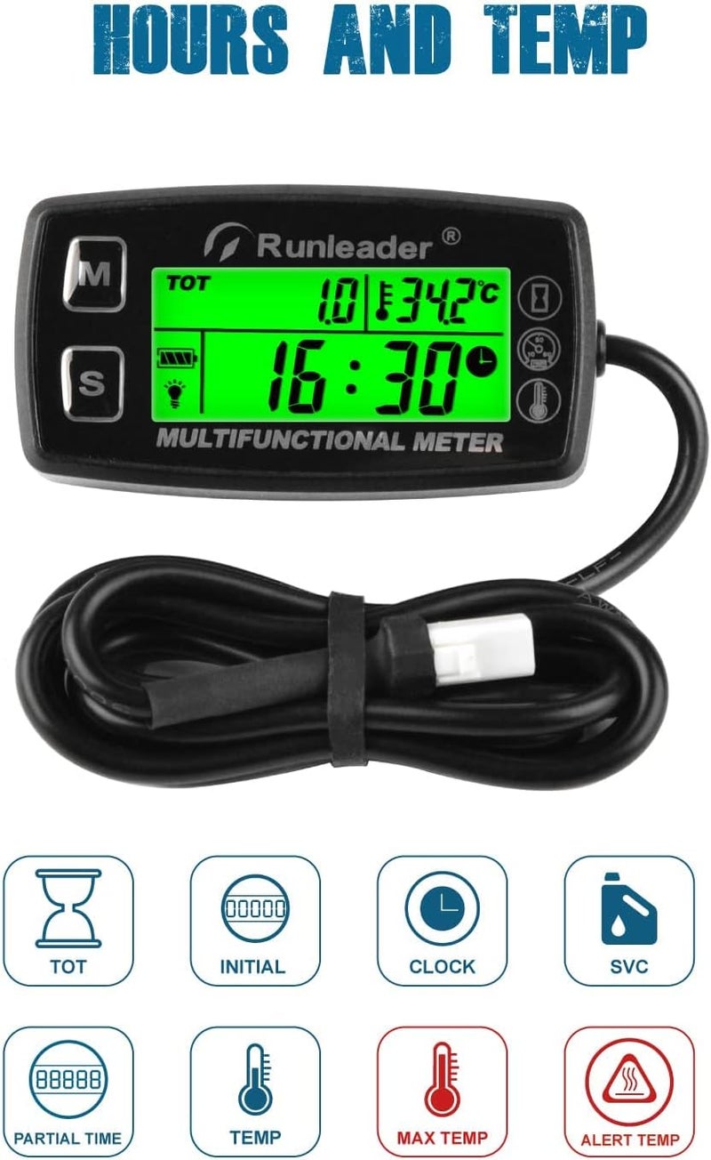 Runleader Digital Tach Hour Meter,Engine Temperature Gauge,Alert RPM & Temp,Backlights Display for Lawn Tractor Compressor Generator Snowmobile Marine Jet Ski Pit Bike (RL-HM035A-M5) - Image 2