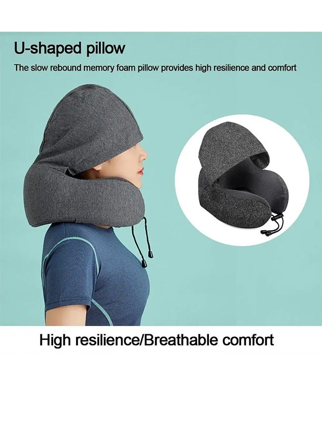 Hooded U-Shaped Travel Pillow，Memory Foam Travel Pillow，Adult Airplane Pillow for Head Rest Neck Support, Portable Pillow for Office Cars Trains Long Flights Sleeping (Grey) - Image 3