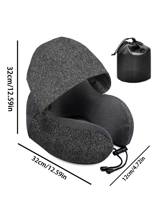 Hooded U-Shaped Travel Pillow，Memory Foam Travel Pillow，Adult Airplane Pillow for Head Rest Neck Support, Portable Pillow for Office Cars Trains Long Flights Sleeping (Grey) - Image 2