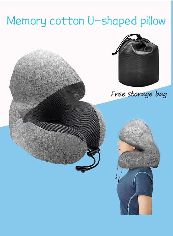 Hooded U-Shaped Travel Pillow，Memory Foam Travel Pillow，Adult Airplane Pillow for Head Rest Neck Support, Portable Pillow for Office Cars Trains Long Flights Sleeping (Grey) - Image 1