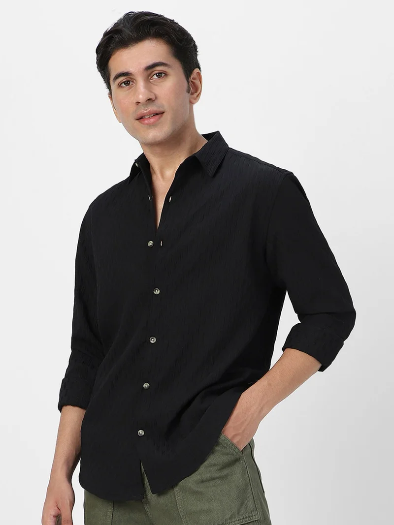 Urbano Fashion  Urbano Fashion Men's Black Cotton Full Sleeve Regular Fit Textured Shirt with Spread Collar  | Best Price UAE