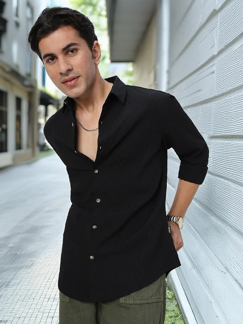 Urbano Fashion  Urbano Fashion Men's Black Cotton Full Sleeve Regular Fit Textured Shirt with Spread Collar  | Best Price UAE