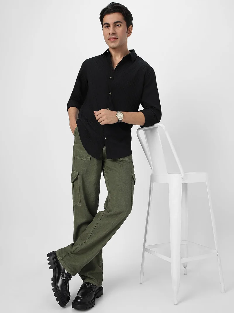 Urbano Fashion  Urbano Fashion Men's Black Cotton Full Sleeve Regular Fit Textured Shirt with Spread Collar  | Best Price UAE