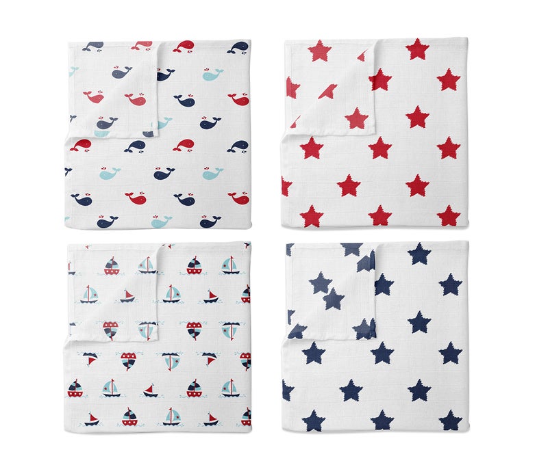 Bacati مجموعة باكاتي من 4 بطانيات قطنية صغيرة للبحارة، أزرق/أحمر - Image 2