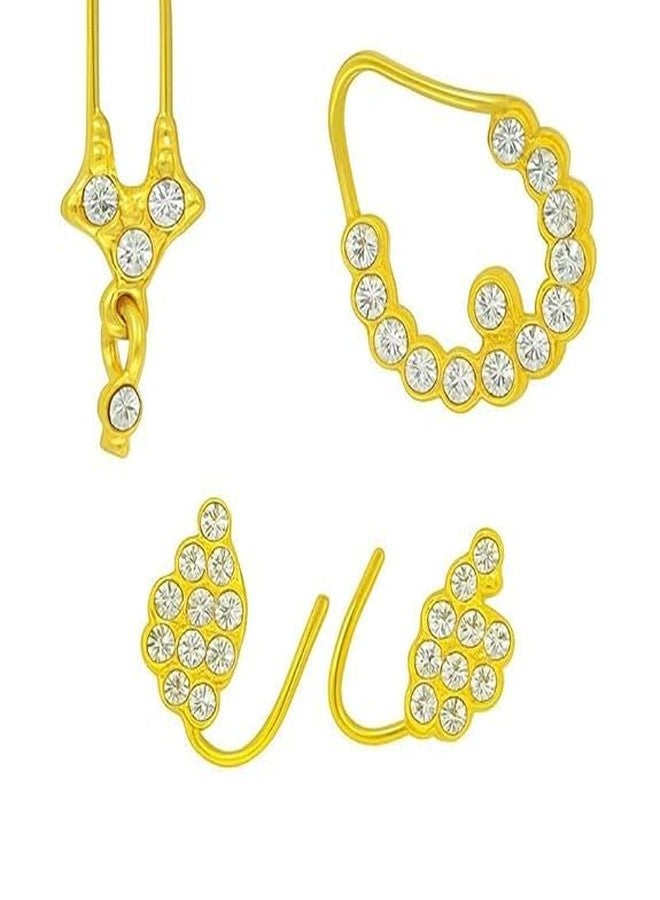 PADMAVATHI ENTERPRISES 4 PC Nose Set Golden Bharatanatyam Dance Jewellery Nath Without Piercing Kempu Stone Nose Ring Pin Nathiya For Women Girls - White Nosepin Pc Set