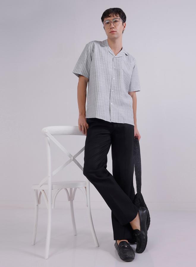 Take Two Grey Striped Camp Collar Shirt By Tahvo - Image 2