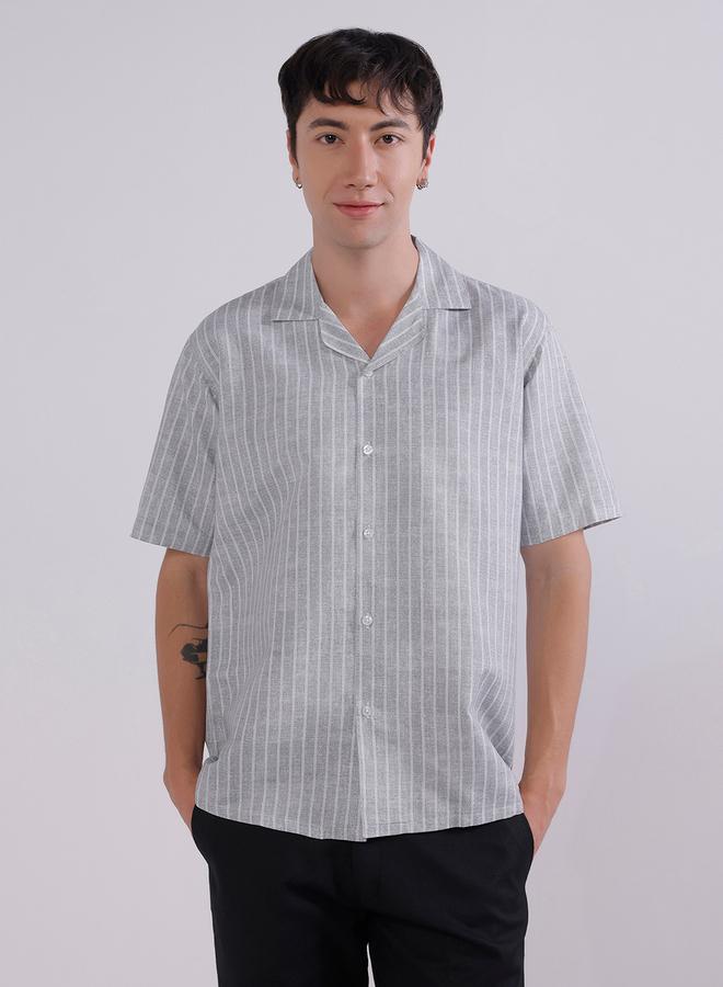 Take Two Grey Striped Camp Collar Shirt By Tahvo - Image 1