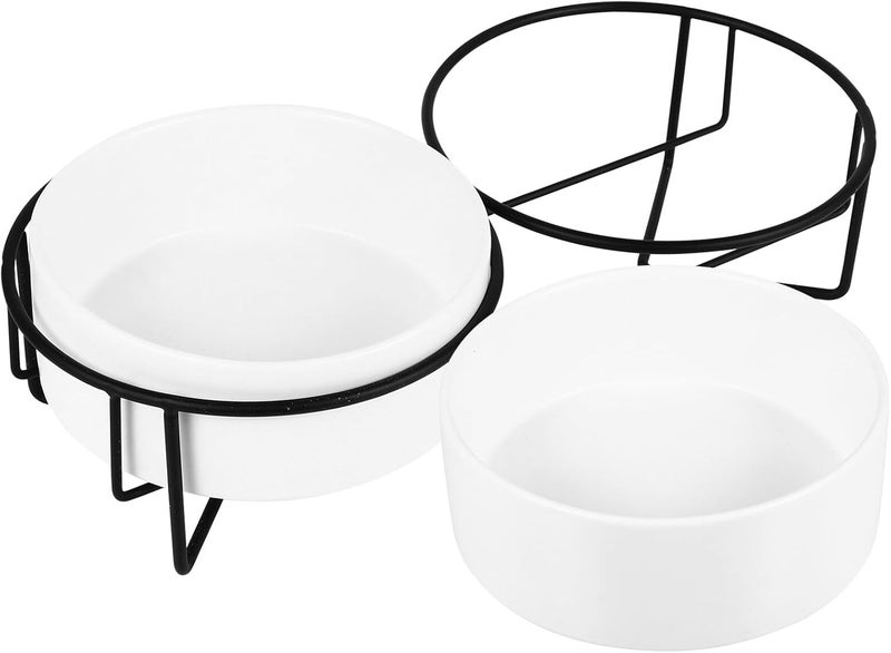 Ceramic Cat and Dog Feeder Double Bowl with Black Iron Raised Stand 13cm Elevated Pet Food and Water Dish for Cats and Dogs - Image 1