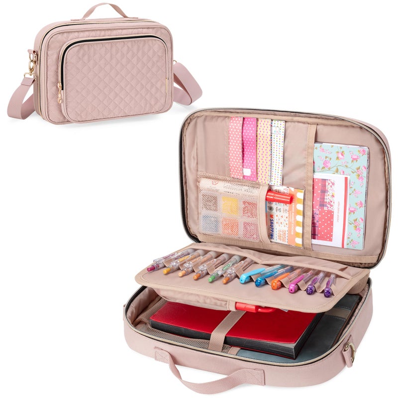 Teamoy Journal Supplies Storage Case, Journal Supplies Holder with Detachable Pen Slots, Travel Organizer Holder for B5 Notebooks, Planner, Pens, Journal Supplies and Accessories, Pink Quilted - Image 1