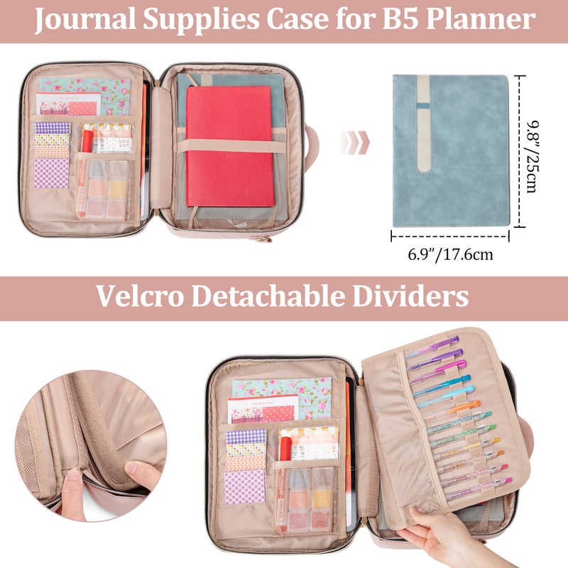 Teamoy Journal Supplies Storage Case, Journal Supplies Holder with Detachable Pen Slots, Travel Organizer Holder for B5 Notebooks, Planner, Pens, Journal Supplies and Accessories, Pink Quilted - Image 4