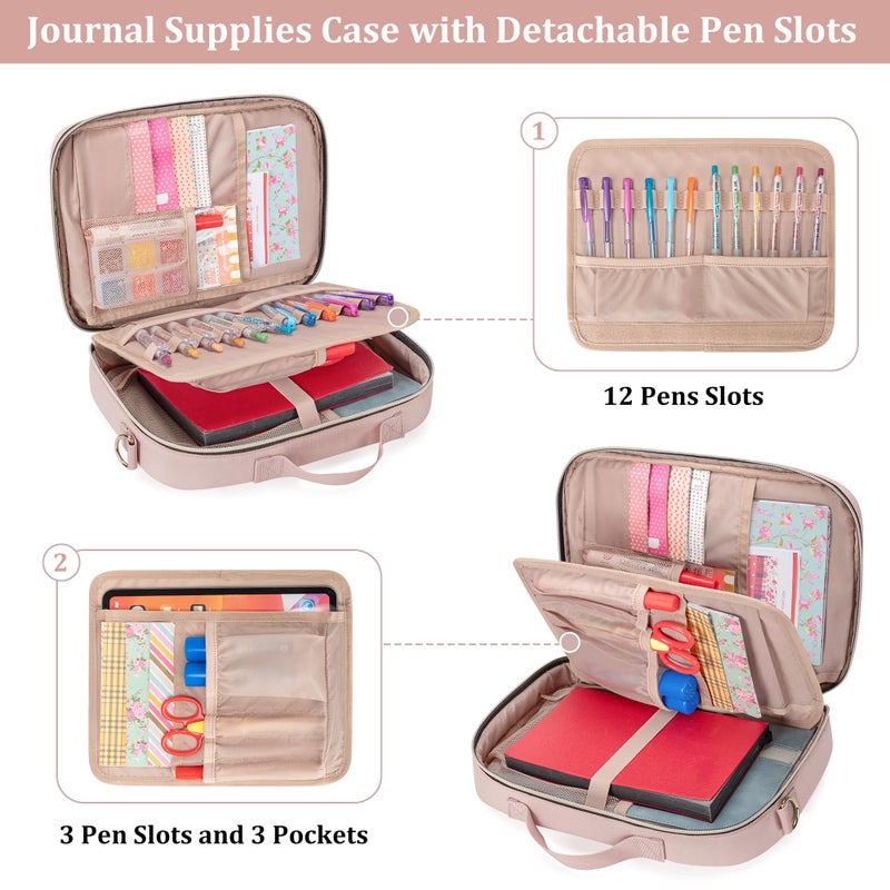Teamoy Journal Supplies Storage Case, Journal Supplies Holder with Detachable Pen Slots, Travel Organizer Holder for B5 Notebooks, Planner, Pens, Journal Supplies and Accessories, Pink Quilted - Image 3