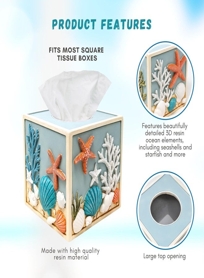 AMAJY Seaside Splendor Tissue Box Cover-3D Resin Ocean Elements with Seashells & Starfish - Coastal Beach Decor for Bathroom, Bedroom, Vanity Top, or Living Room - Premium Decorative Resin Tissue Box Holder - Image 3