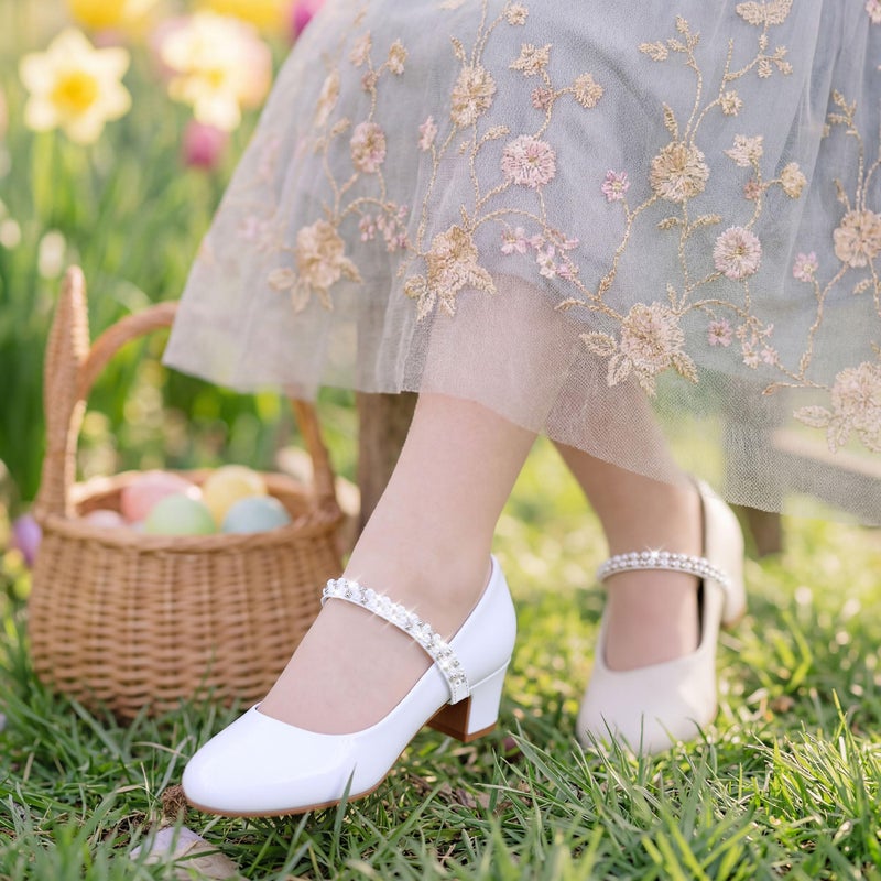 LAURMOSA White High Heels Kids Girls Wedding Flower Bridesmaids Heel Easter Church Flower Girl Shoes for Party Formal Girls Baptism Flats First Communion Shoes Size 3 Kids(L1039PaWhite 3) - Image 3