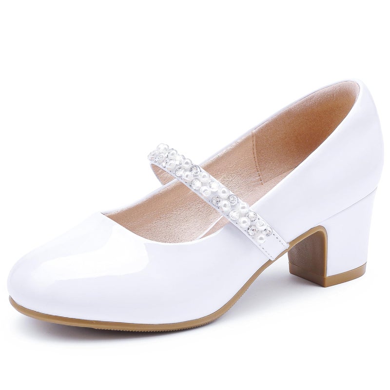 LAURMOSA White High Heels Kids Girls Wedding Flower Bridesmaids Heel Easter Church Flower Girl Shoes for Party Formal Girls Baptism Flats First Communion Shoes Size 3 Kids(L1039PaWhite 3) - Image 1