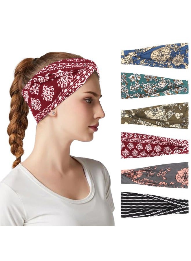 YARIEW 6Pcs Boho Headbands Head Bands Sweat Band Hair Wrap Headwrap Fashion Boho Wide Thick Workout Yoga Elastic Headbands Mens Cooling Running Sports Headband Sweatbands for Women - Image 2