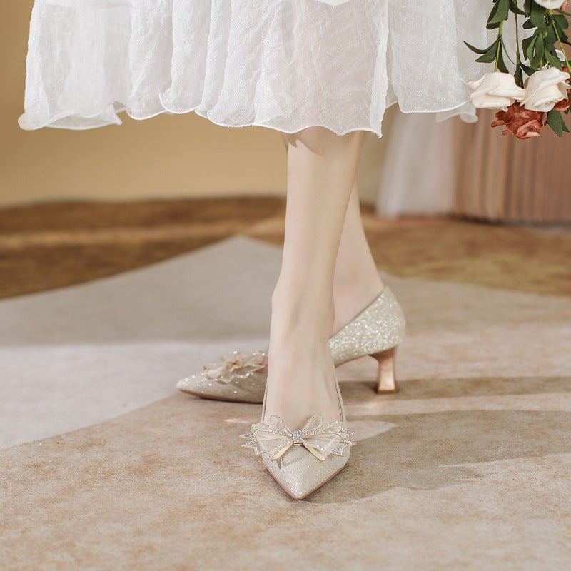 C588-19 Chunky Heel Pointed Wedding Shoes Bridal Shoes 2023 New High Heels French Versatile Plus Size 40-43 - Image 4