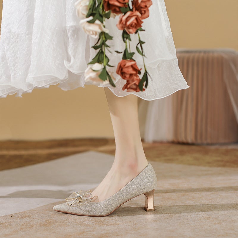 C588-19 Chunky Heel Pointed Wedding Shoes Bridal Shoes 2023 New High Heels French Versatile Plus Size 40-43 - Image 3