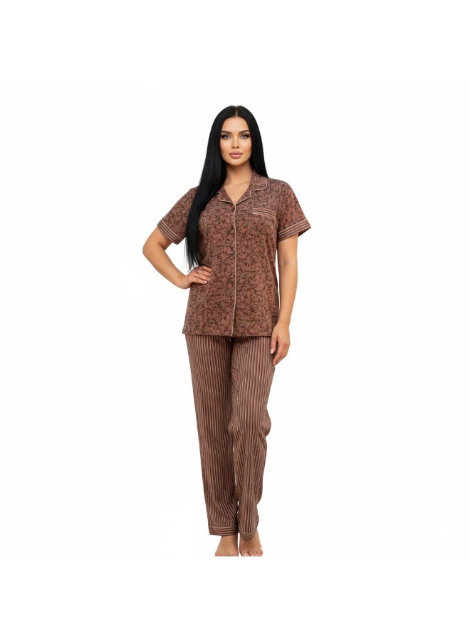 جوانا طقم بيجاما نسائي بطبعة زهور، قميص بأزرار وأكمام قصيرة وبنطال طويل، بني/صدئ، XXL - Image 2