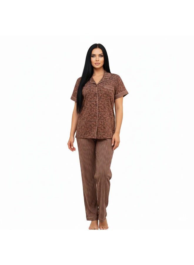 جوانا طقم بيجاما نسائي بطبعة زهور، قميص بأزرار وأكمام قصيرة وبنطال طويل، بني/صدئ، XXL - Image 1