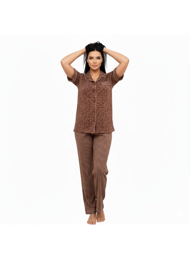 جوانا طقم بيجاما نسائي بطبعة زهور، قميص بأزرار وأكمام قصيرة وبنطال طويل، بني/صدئ، XXL - Image 3