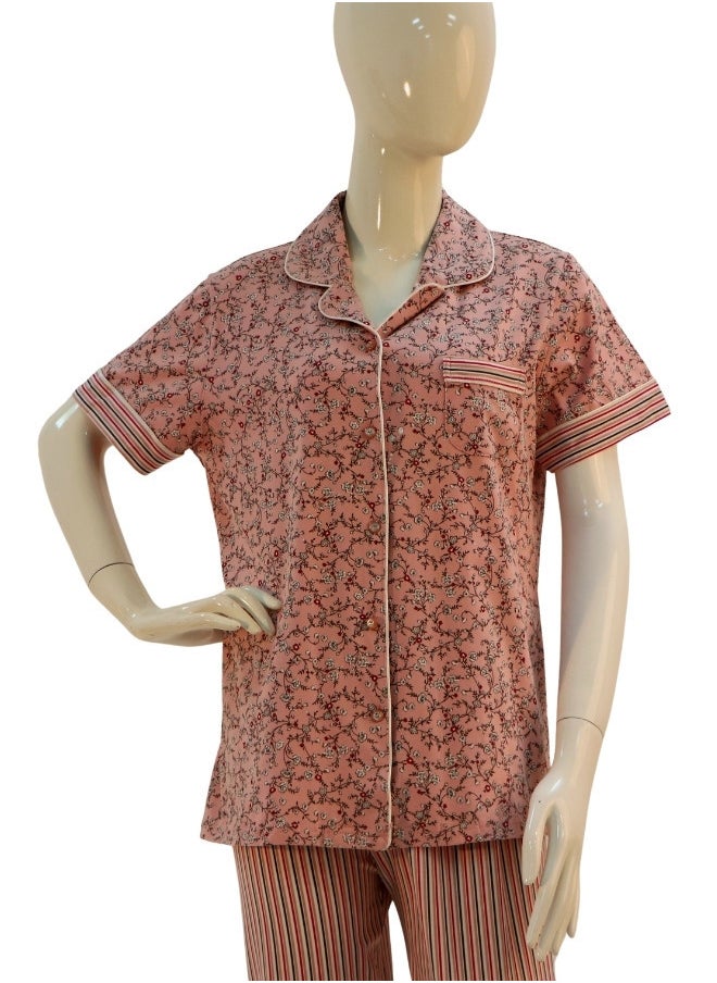 JOANNA - JOANNA Women's Floral Print Button Down Short Sleeve Shirt & Long Pants Pajama Set, Brown/Rust - Image 1