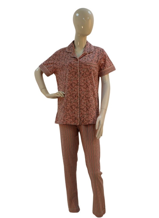 JOANNA - JOANNA Women's Floral Print Button Down Short Sleeve Shirt & Long Pants Pajama Set, Brown/Rust - Image 1
