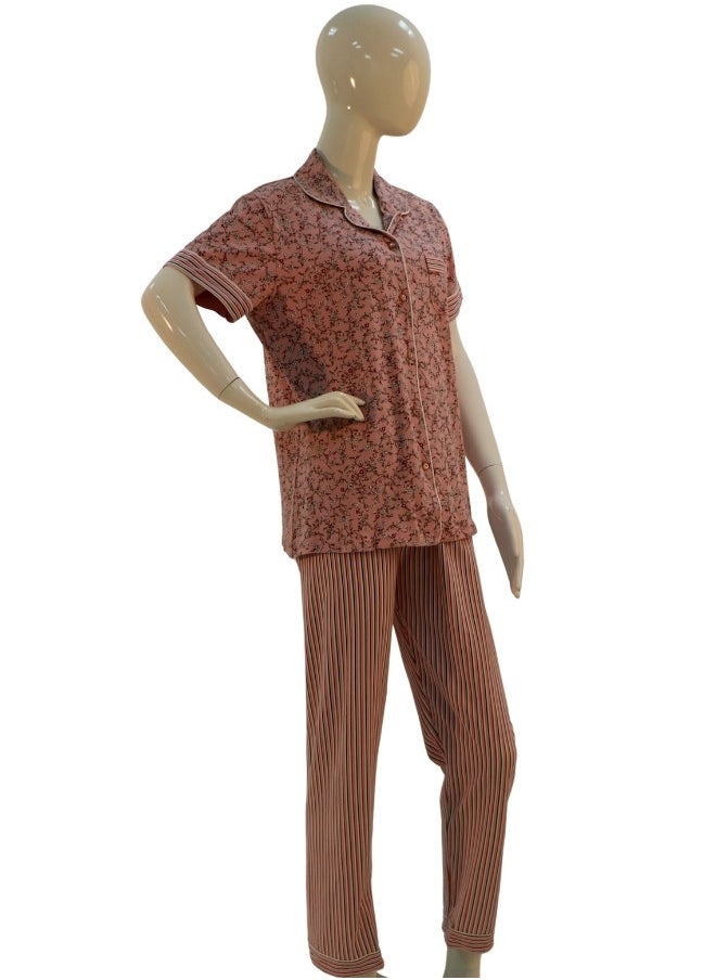 JOANNA - JOANNA Women's Floral Print Button Down Short Sleeve Shirt & Long Pants Pajama Set, Brown/Rust - Image 1