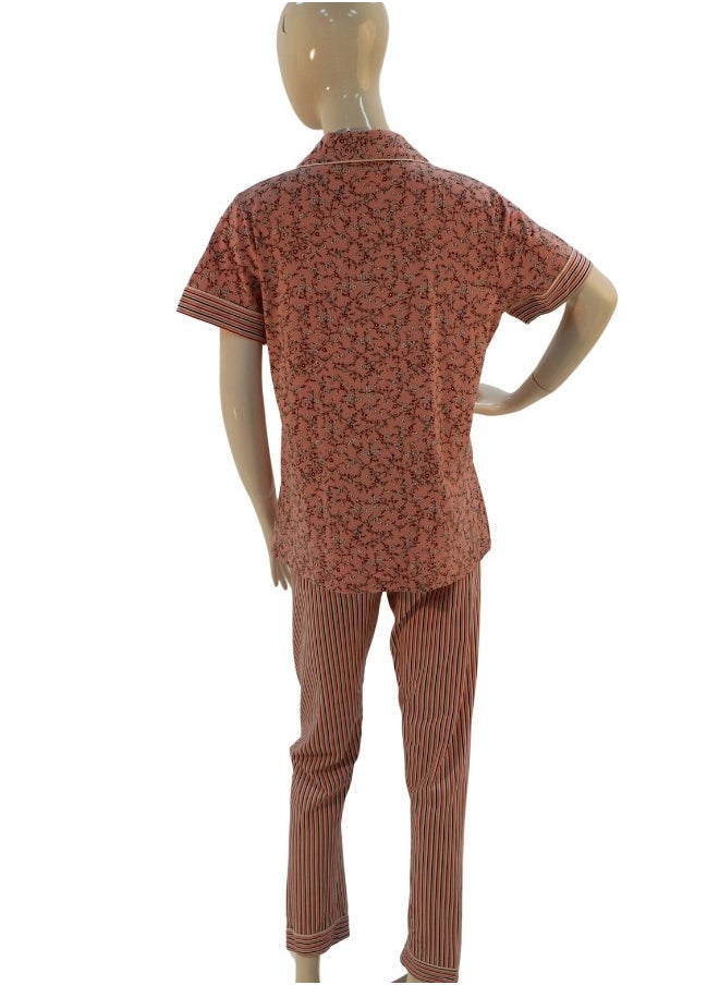 JOANNA - JOANNA Women's Floral Print Button Down Short Sleeve Shirt & Long Pants Pajama Set, Brown/Rust - Image 1