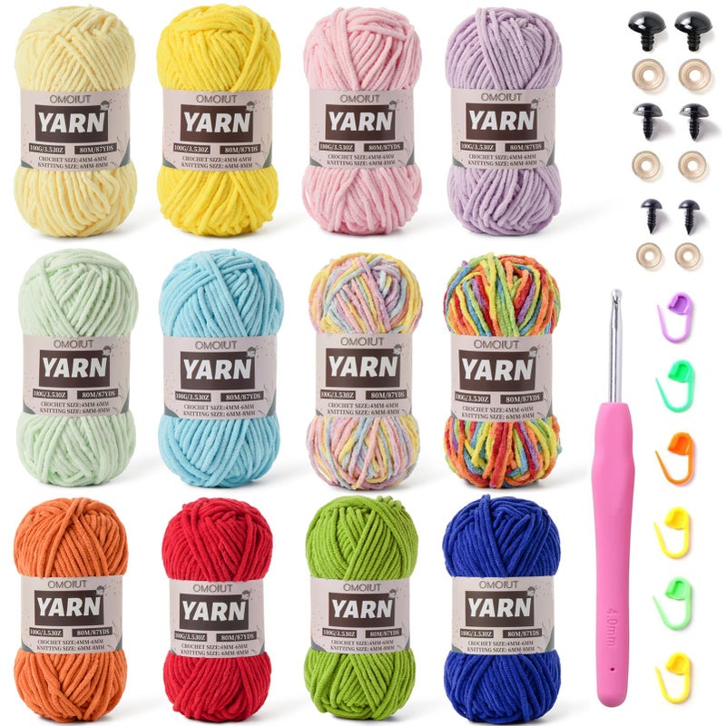 OMoiut 12 Pack Chunky Chenille Yarn for Crocheting, Bulky Velvet Yarn for Crochet, Baby Yarn for Crocheting Soft Blanket, 42.3 oz (1050 yds) Amigurumi Yarns for Craft Set C - Image 1
