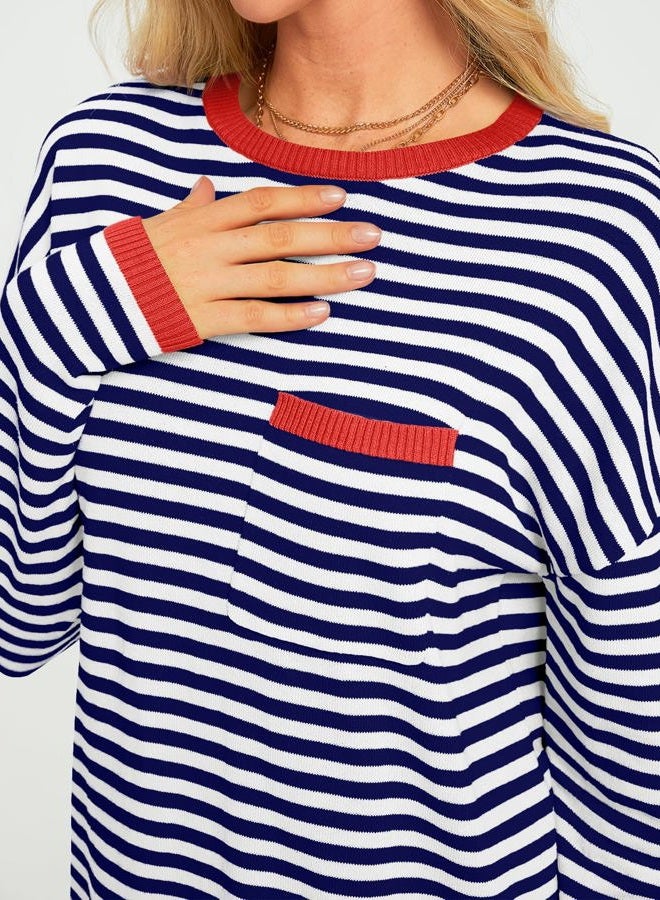 LILLUSORY Womens Striped Soft Knit Pullover Sweater Loose Fit Shirts with Chest Pocket, Red-striped Navy, XL - Image 5